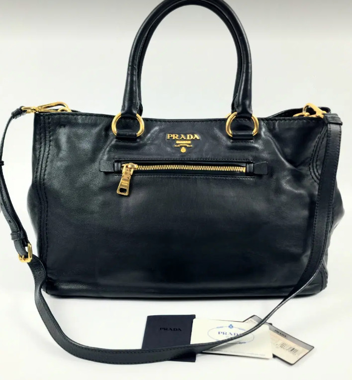 PRADA Soft Calfskin Leather 2WAY Tote Shoulder Bag Black Gold Hardware BN2103