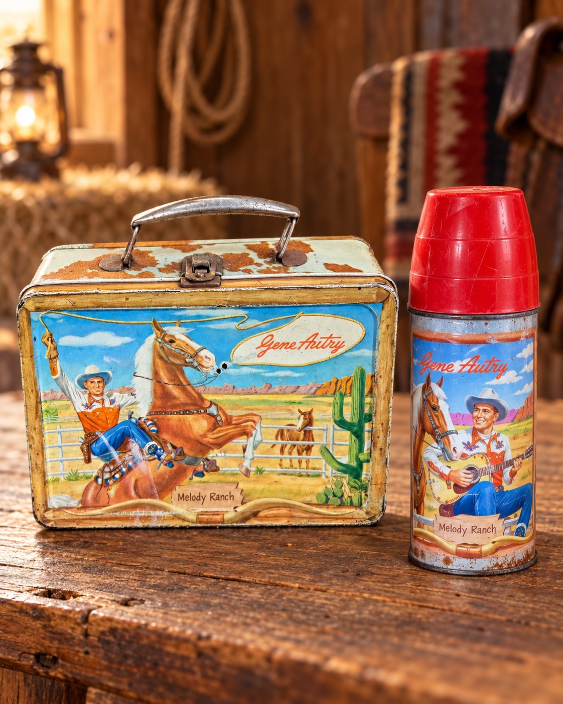 1954 Gene Autry Melody Ranch Lunch Box Thermos Universal Western Cowboy VTG