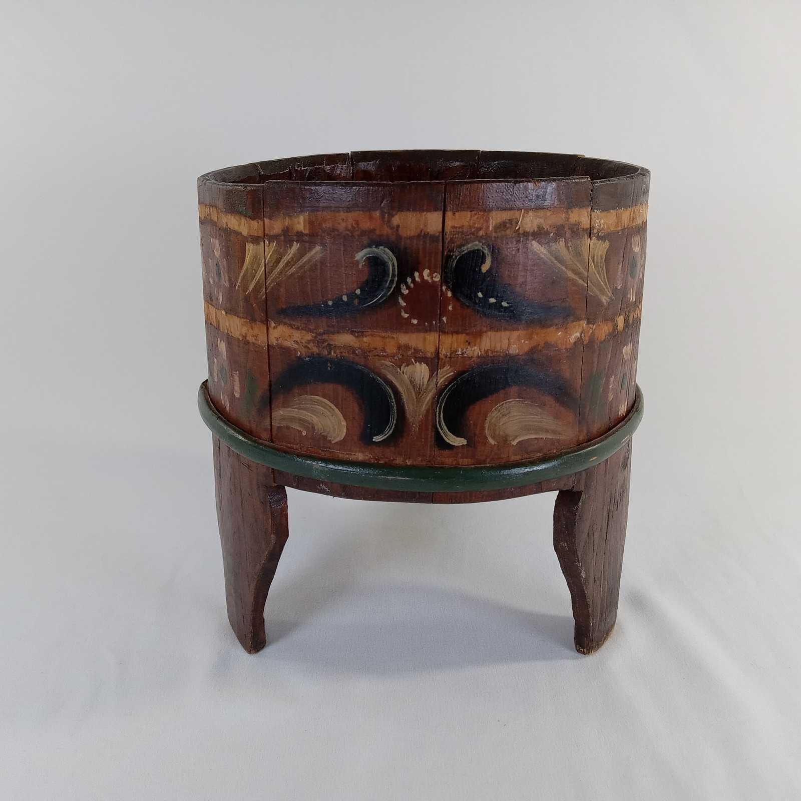 Antique Norwegian Folk Art Pedestal Bowl Bucket Rosemaling Wood 3-Leg Hand Paint