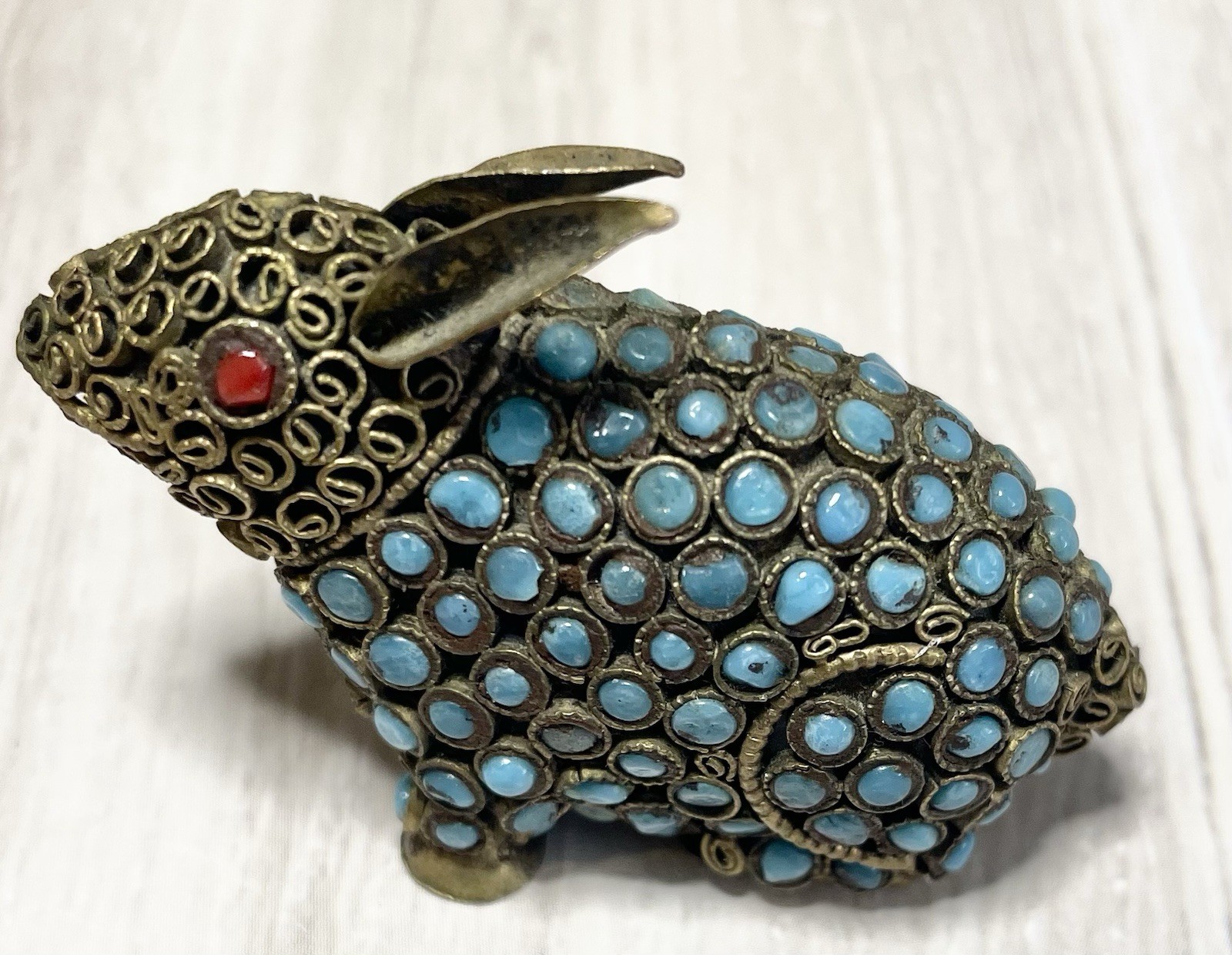 Vintage Nepalese Rabbit Figurine Hand Set Faux Turquoise & Coral Beads