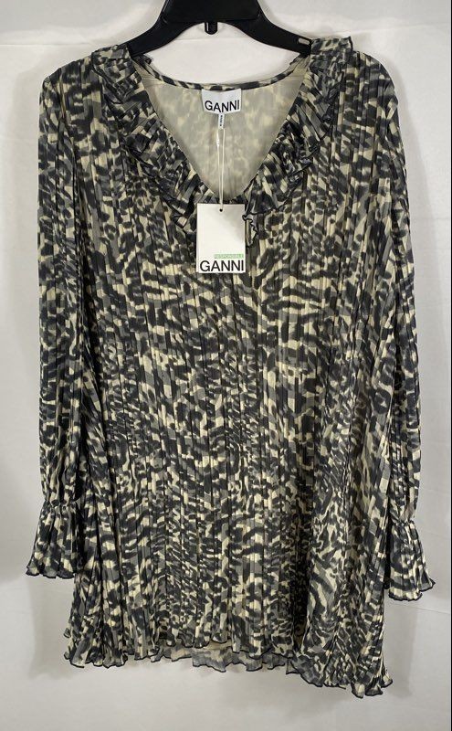 Ganni Women\'s Leopard Print Ruffle Pleated Midi Dress Lemon Icing Sz 40 NWT