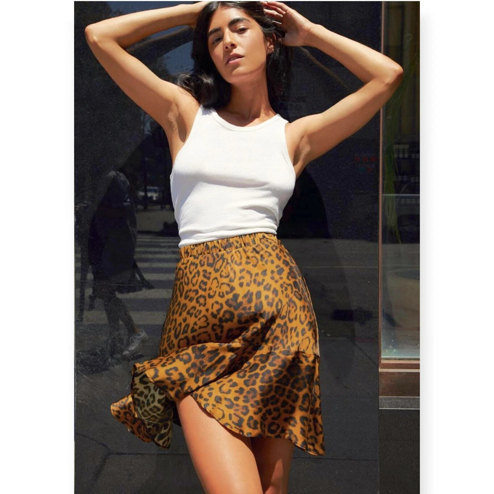 Nation Ltd Green Leopard Elastic Waist Ruffle Hem Flare Claire Mini Skirt M Nation Ltd Green Leopard Elastic Waist Ruffle Hem Flare Claire Mini Skirt M