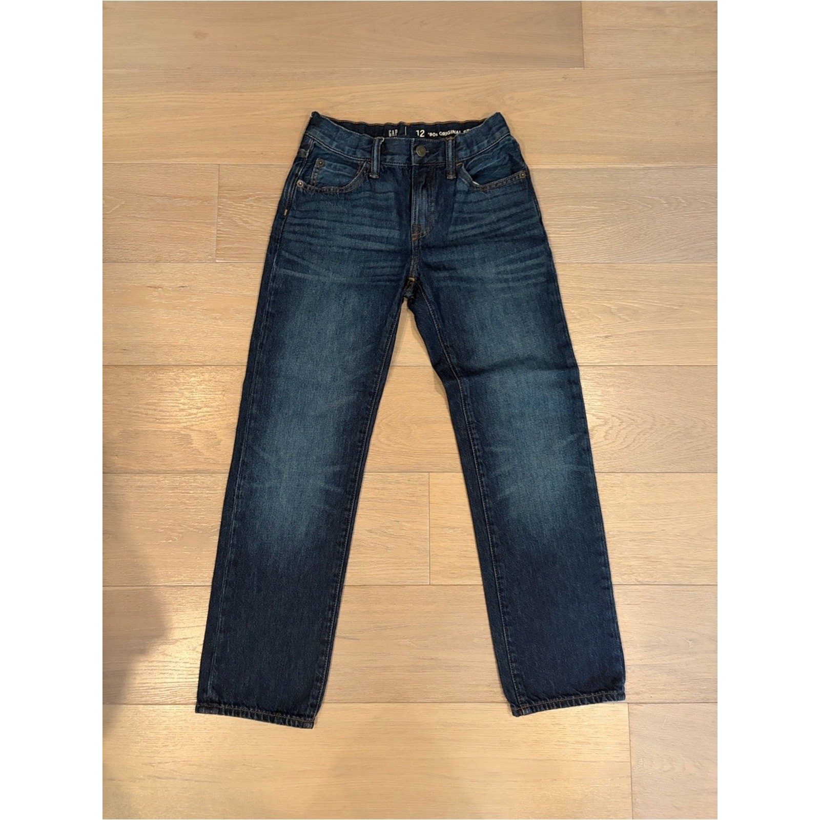 Boys size 12 GAP Kids \'90s Original Straight Jeans in Dark Blue.