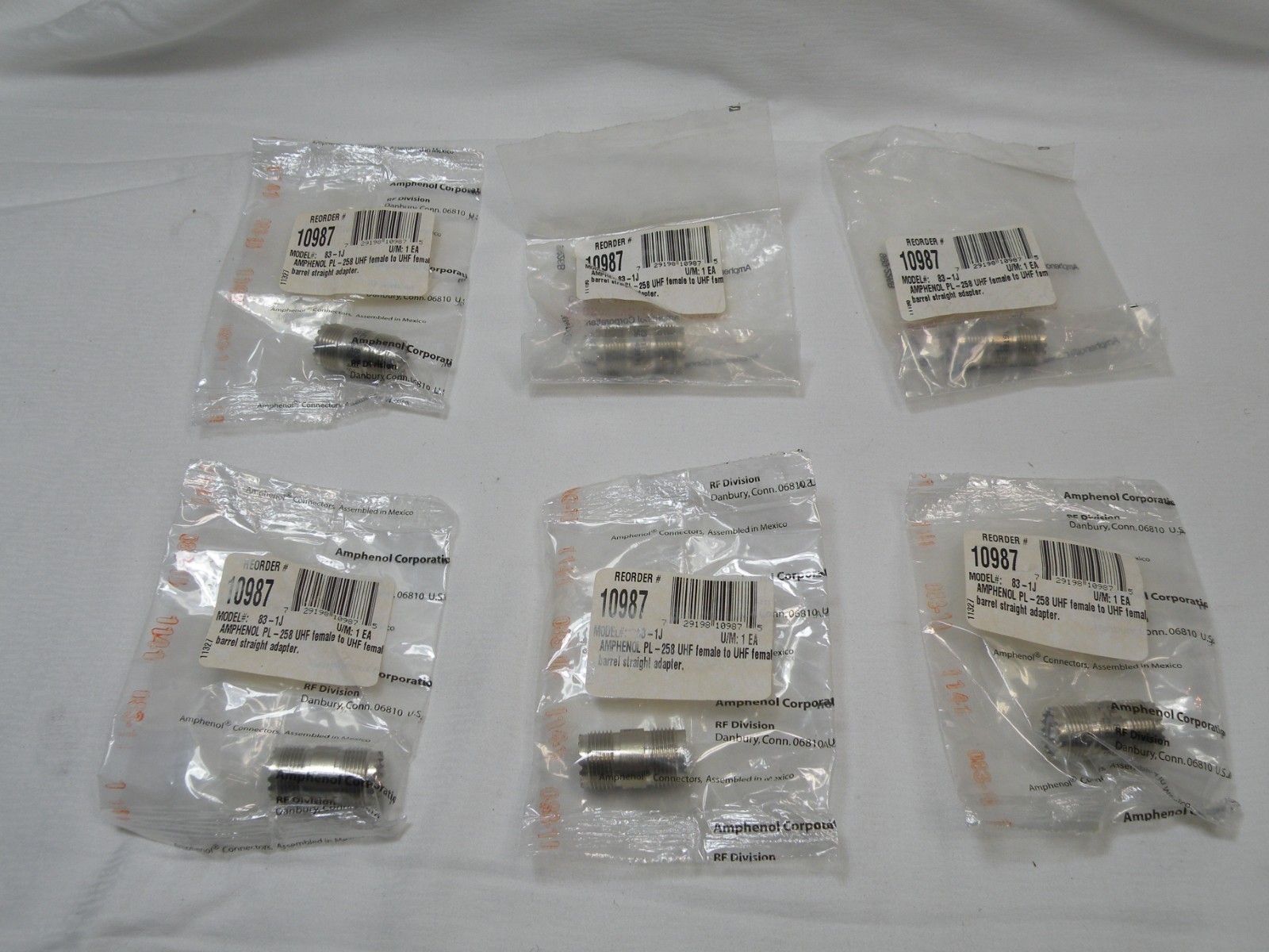 Amphenol RF 83-1J, Double UHF Female to Female Barrel Adapter, Lot of 6