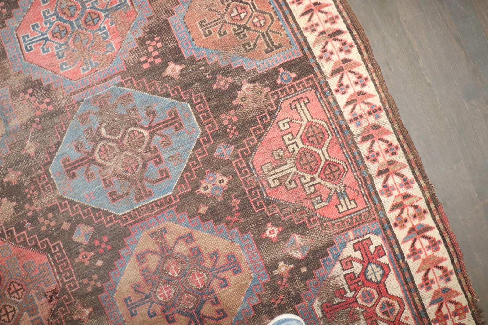 Antique Distressed Kurdish Geometric Rug Size 4\'x5\'