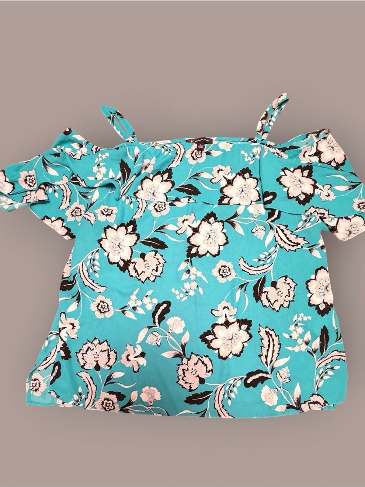 INC International Concepts XL Turquoise Floral Cold Shoulder Ruffle Blouse