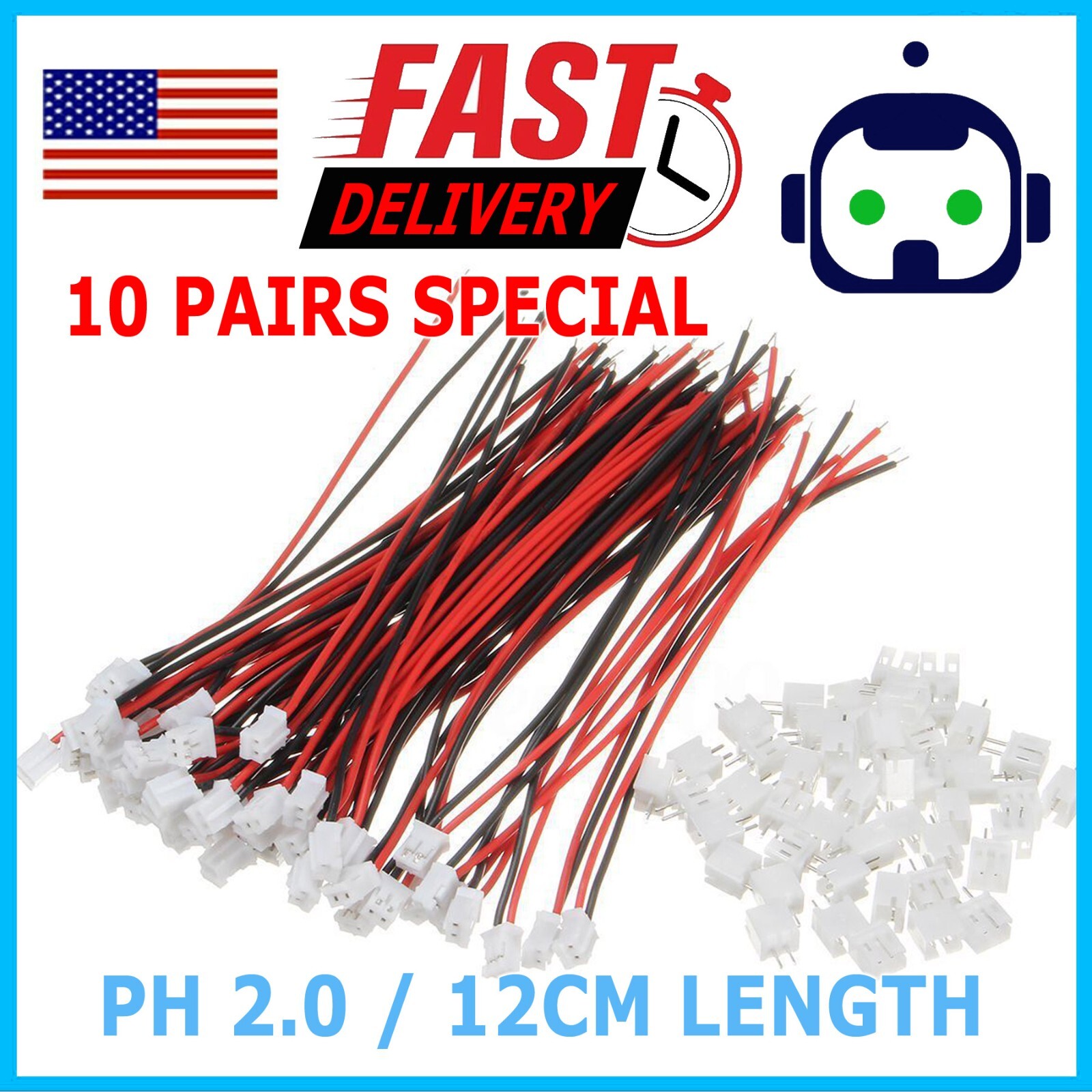 10 Pairs Mini Micro JST 2.0 PH 2-Pin Connector Plug with Wires Cables