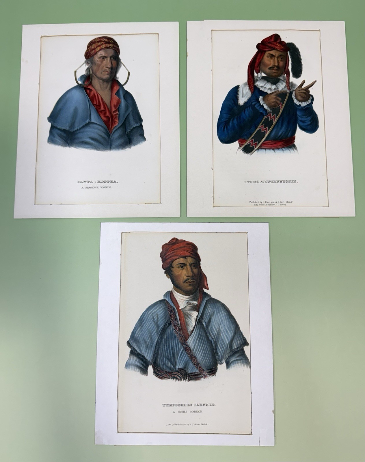 McKenney & Hall 3 Native American Hand Colored Lithographs J.T. Bowen Antique