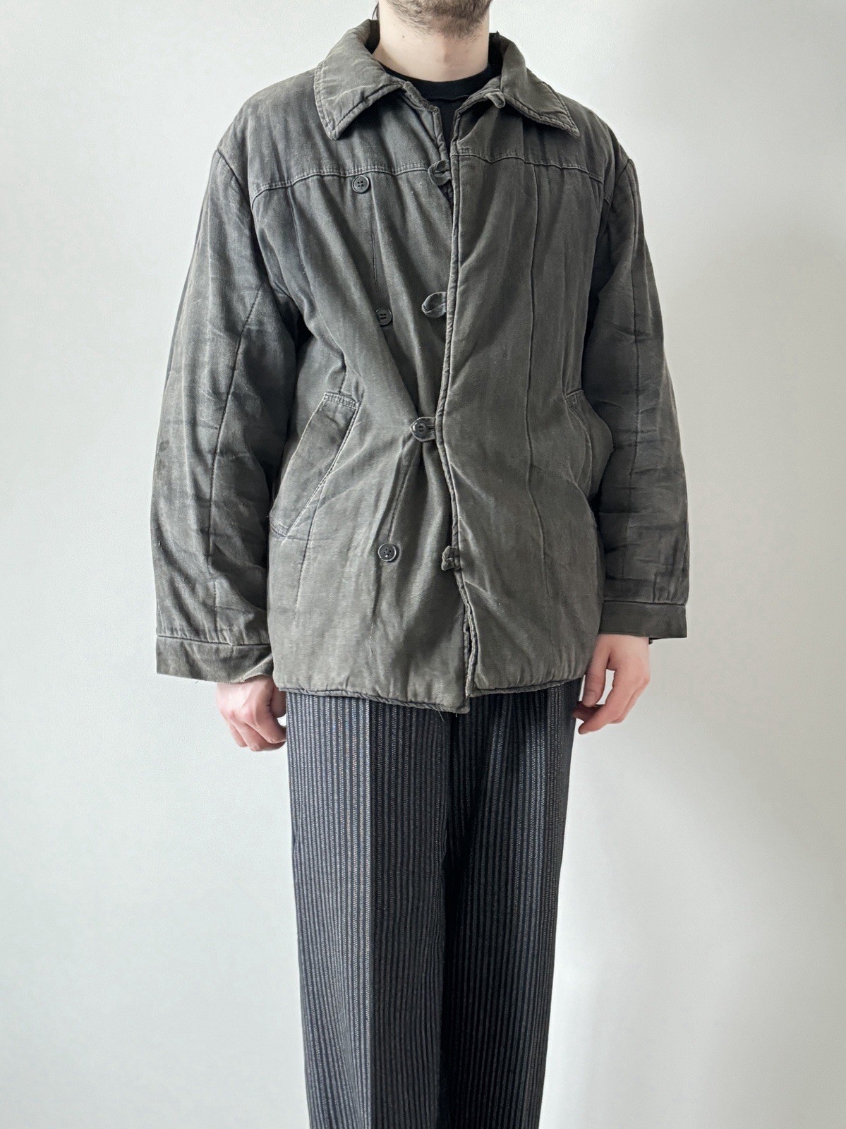 70s vintage Soviet workwear sun faded black telogreika fufaika quilted jacket L