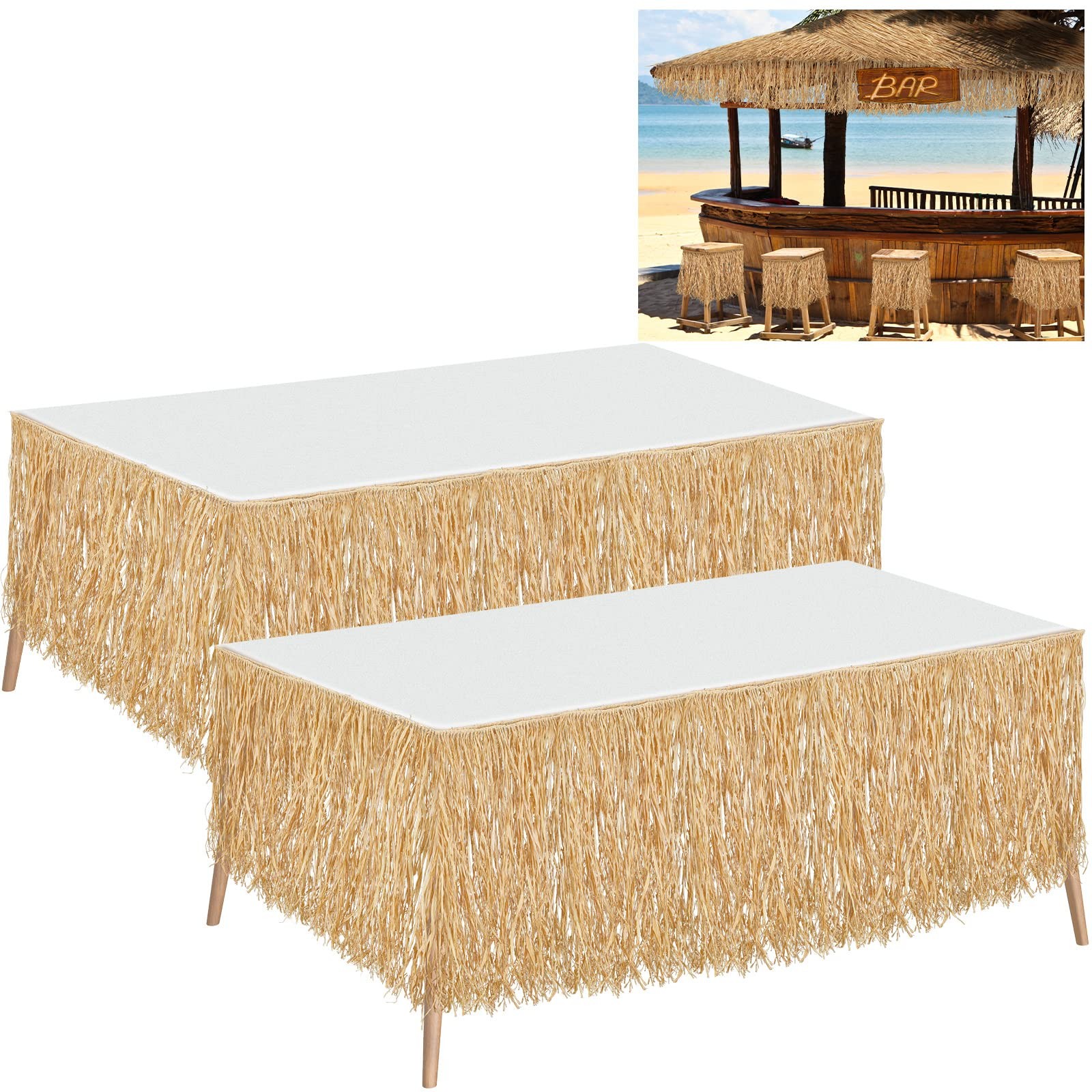Tatuo 2 Pack Natural Raffia Table Skirt Luau Hawaiian Skirt Table Grass Beach