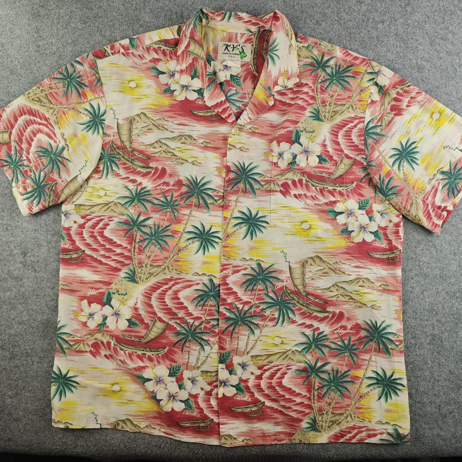 Ky\'s Hawaiian Shirt Mens XL Aloha Outrigger Canoe Palm Vintage Short Sleeve