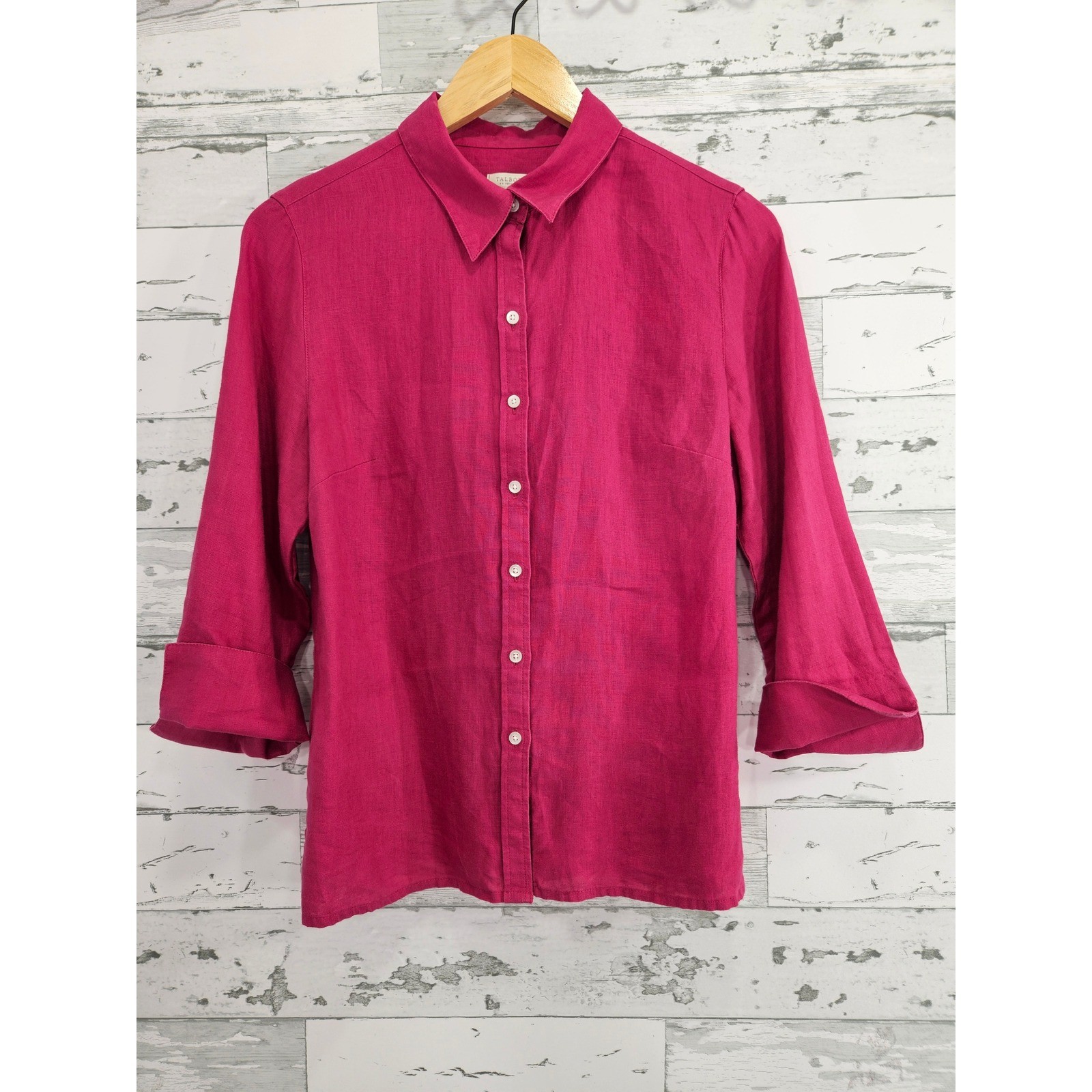 Talbots Petites Magenta Pink 100% Linen Button Down 3/4 Sleeve Shirt 8P