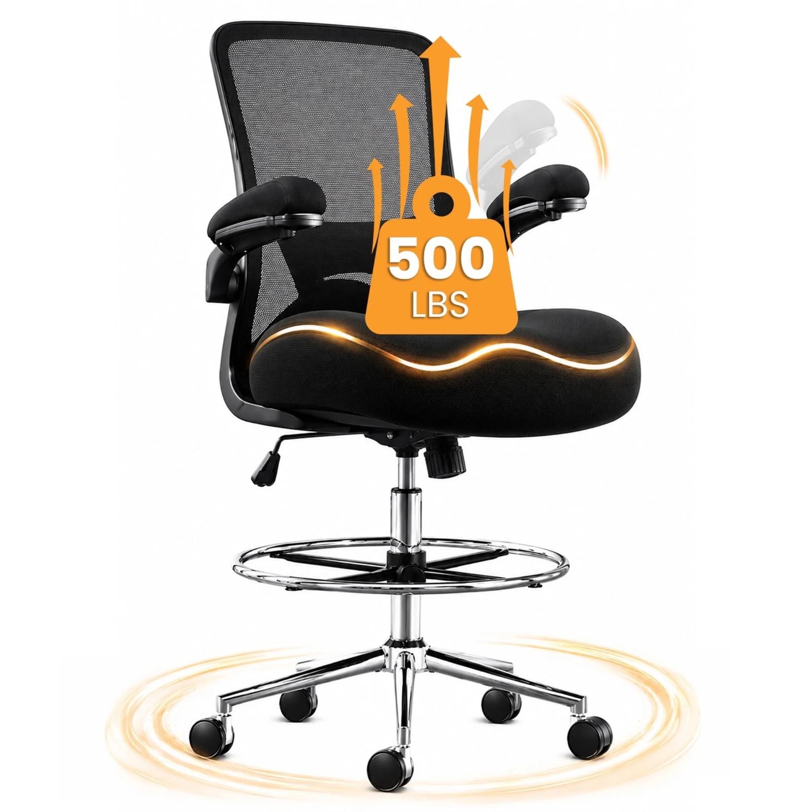 500lbs Big And Tall High Back Office Drafting Chair Ergonomic Flip-Up Armrests