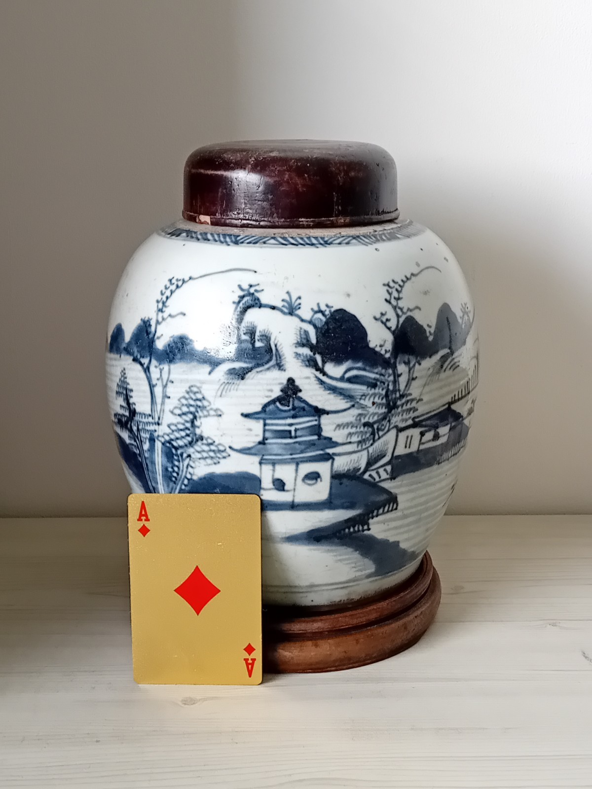 Antique Chinese Blue & White Jar,Lid & Stand,18th/19th C,  Qianlong