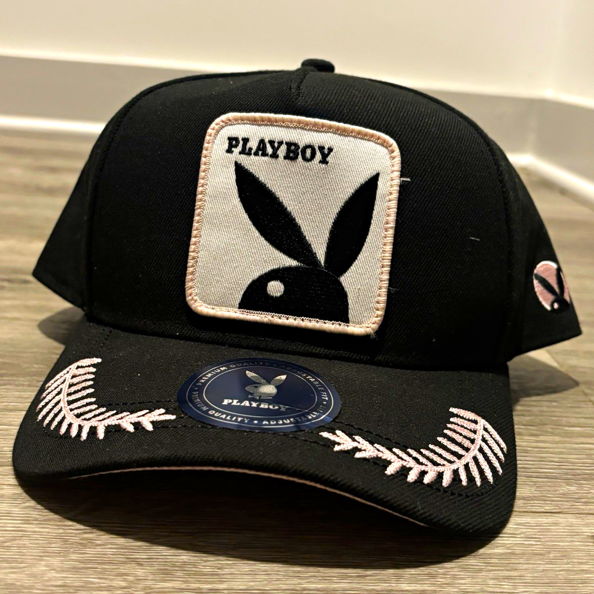 Playboy Bunny Logo Adjustable Baseball Cap Black/Pink Brim Polyester One Size Playboy Bunny Logo Adjustable Baseball Cap Black/Pink Brim Polyester One Size