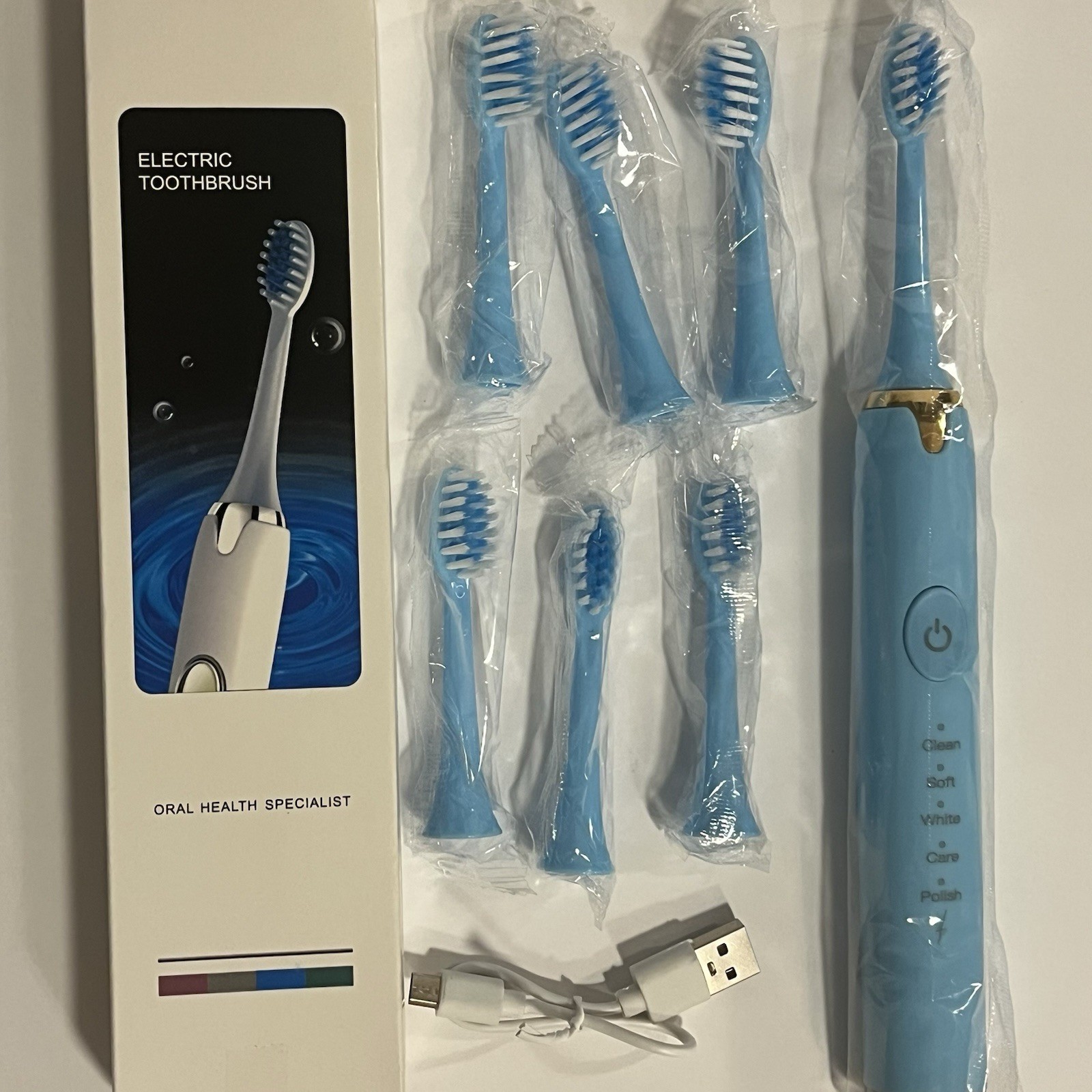 Electric Toothbrush USB Rechargeable 6 Brush Heads 5 Modes Sonic Blue Electric Toothbrush USB Rechargeable 6 Brush Heads 5 Modes Sonic Blue