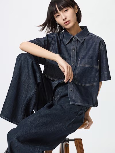 UNIQLO Denim Boxy Shirt S-3XL Short Half-Sleeve 100% Cotton Women 483877 NWT