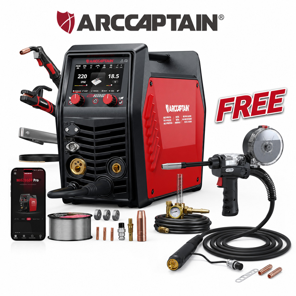 ARCCAPTAIN MIG205DP Double Pulse MIG Welder 8-in-1 Aluminum Welding /w Spool Gun