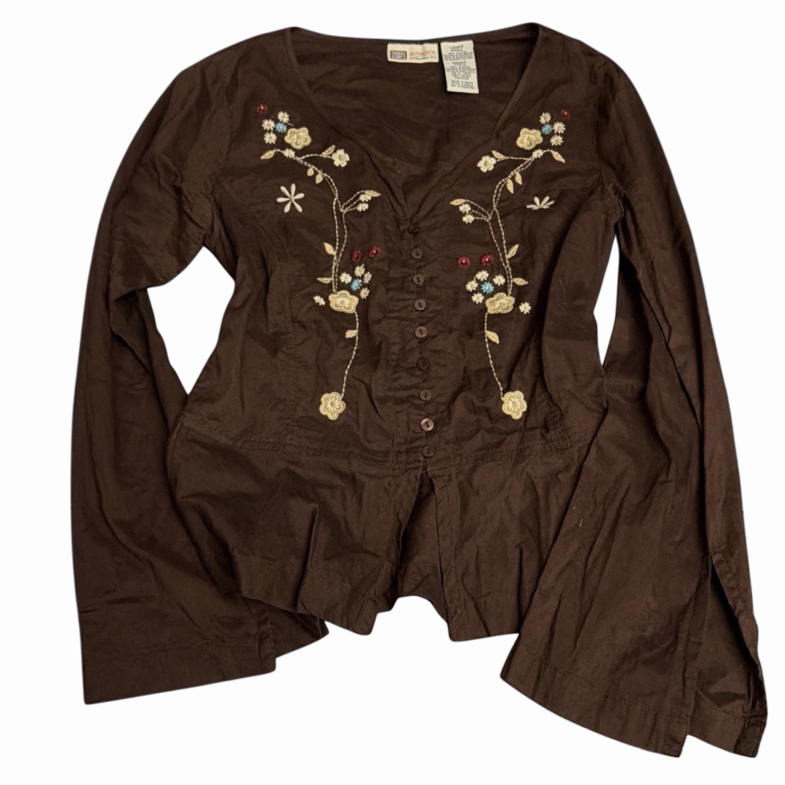Y2K Faded Glory Women’s Brown Floral Embroidery Button Up Blouse Bell Sleeves S