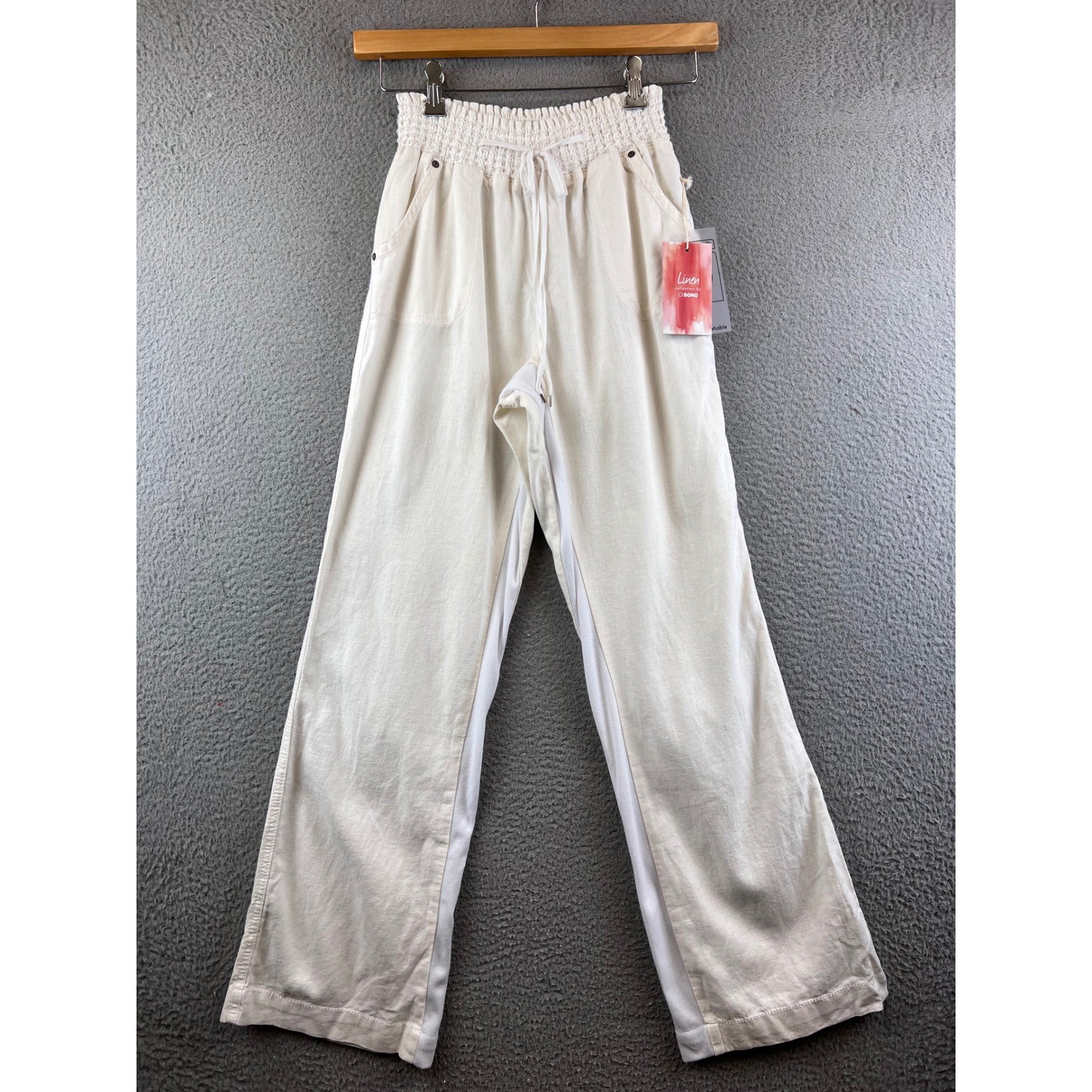 New Cisono Linen Collection Women White Linen Pant Wide Leg Smocked Drawstring L