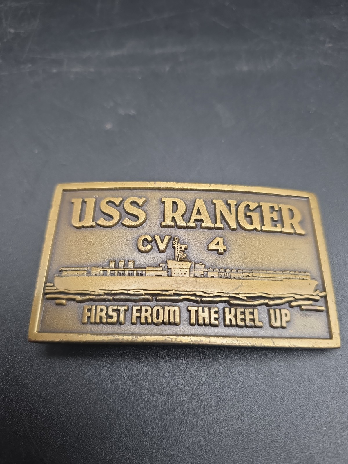 Vintage USS Ranger CV-4 First From The Keel Up Belt Buckle Navy