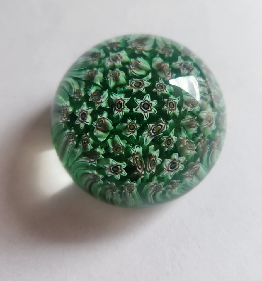 VTG Millefiori Art Glass Paperweight Green Floral Mosaic Signed Base VTG Millefiori Art Glass Paperweight Green Floral Mosaic Signed Base