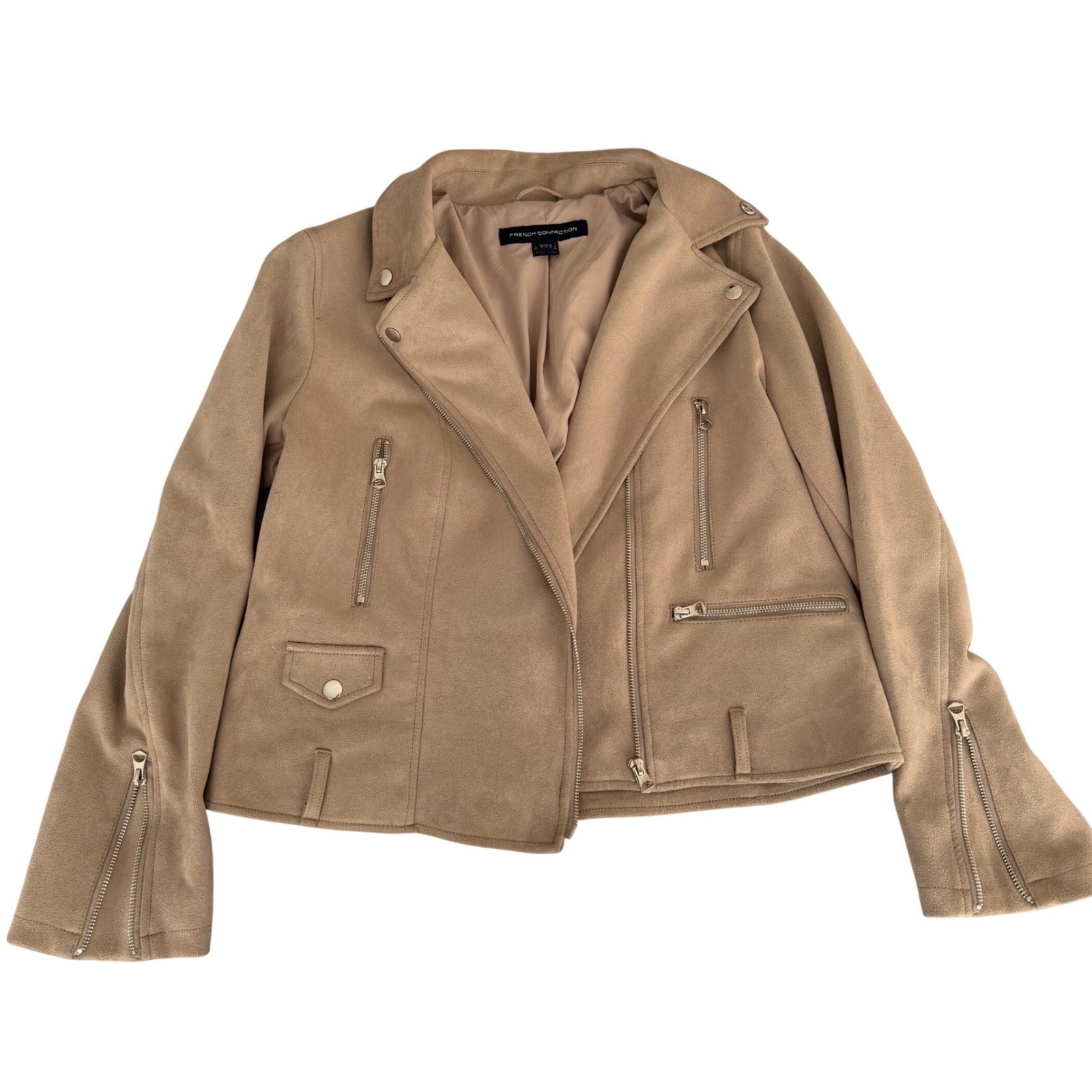 French Connection Womens Faux Suede Moto Jacket Tan Beige Size 12 XL French Connection Womens Faux Suede Moto Jacket Tan Beige Size 12 XL
