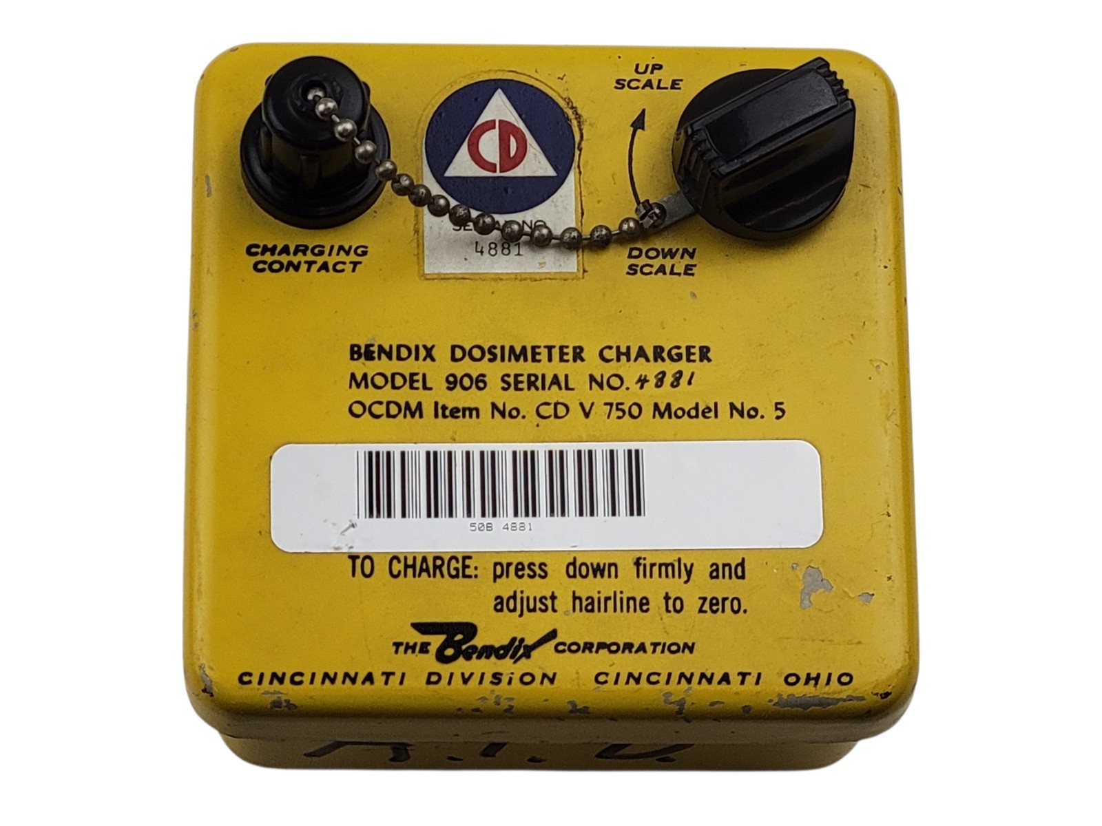 Vintage Bendix Model 906 Dosimeter Charger Civil Defense Yellow