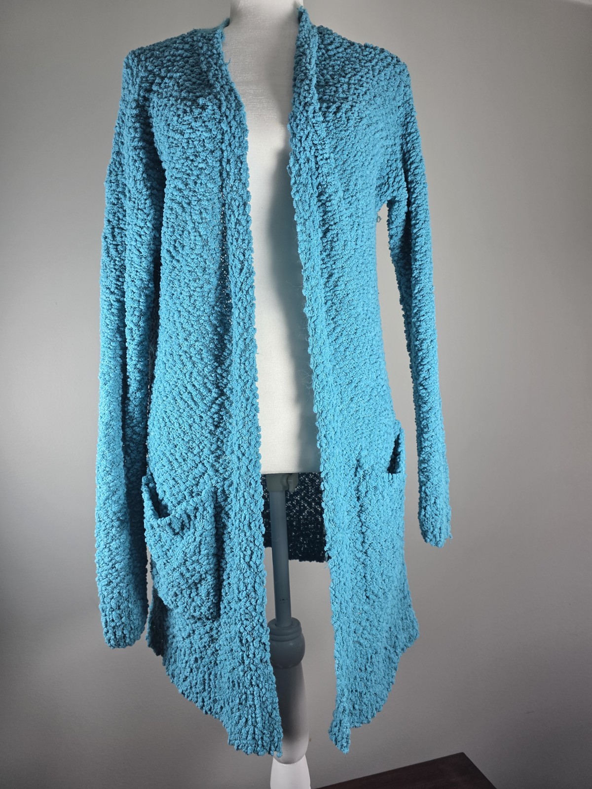Zenana Premium Turquoise Teal Popcorn Knit Open Front Cardigan Size Medium