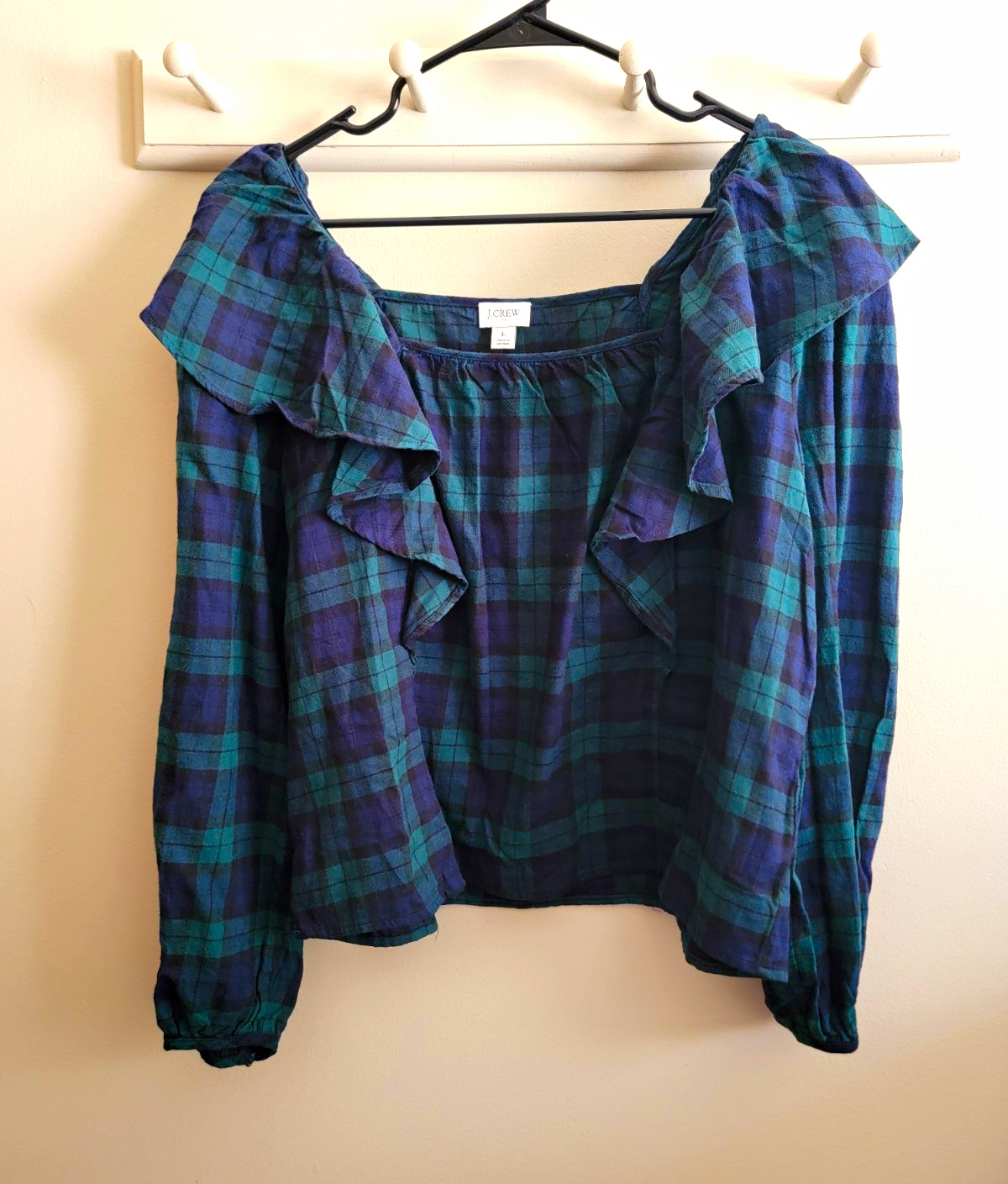 NWT J.CREW Women\'s L Blue Green Plaid Ruffle Square Neck Cotton Blouse Boxy NWT J.CREW Women\'s L Blue Green Plaid Ruffle Square Neck Cotton Blouse Boxy