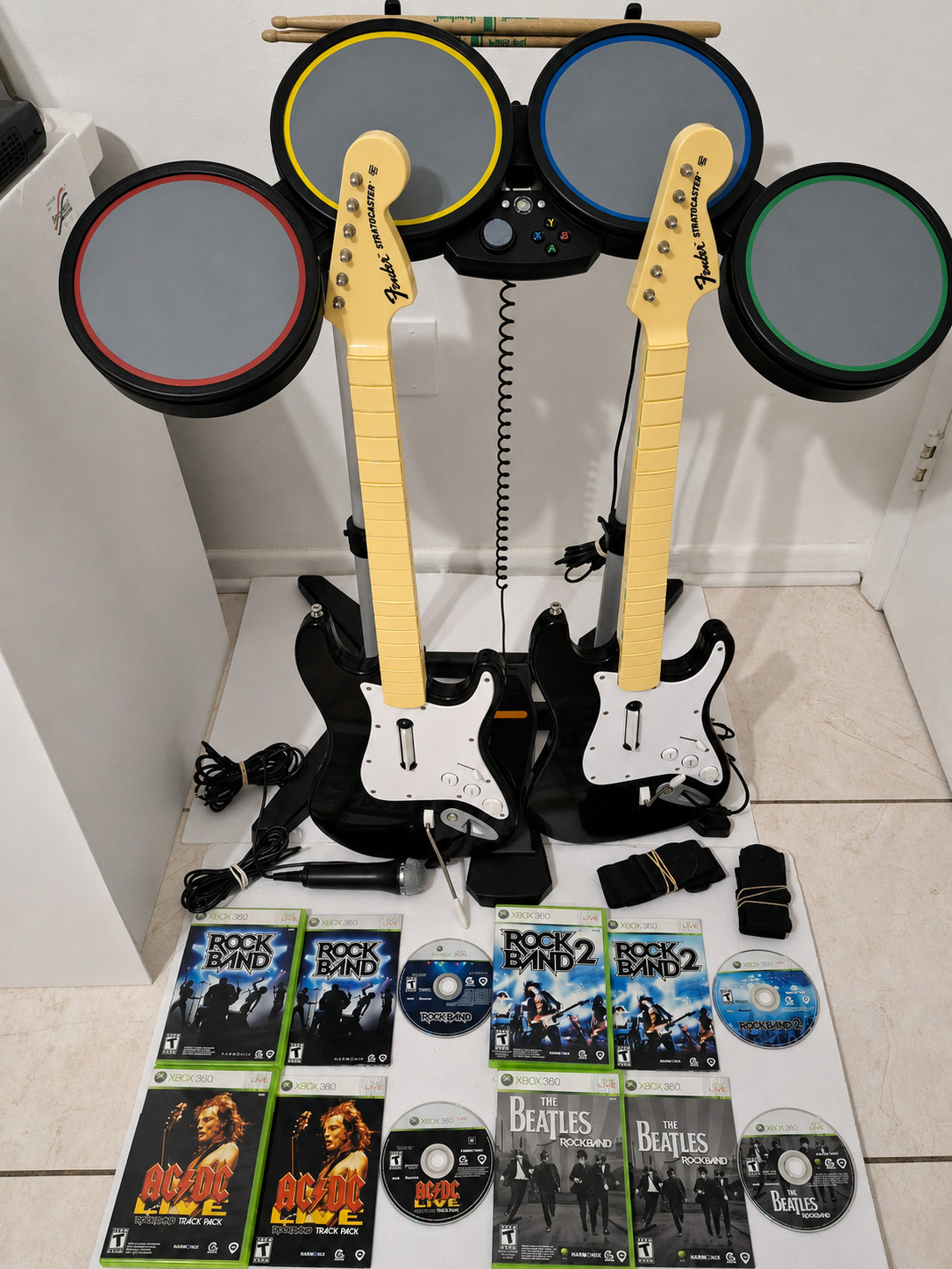 Xbox 360 Rock Band 1, 2, Mic, Drum Set, 2 Guitars, Bundle Set, TESTED
