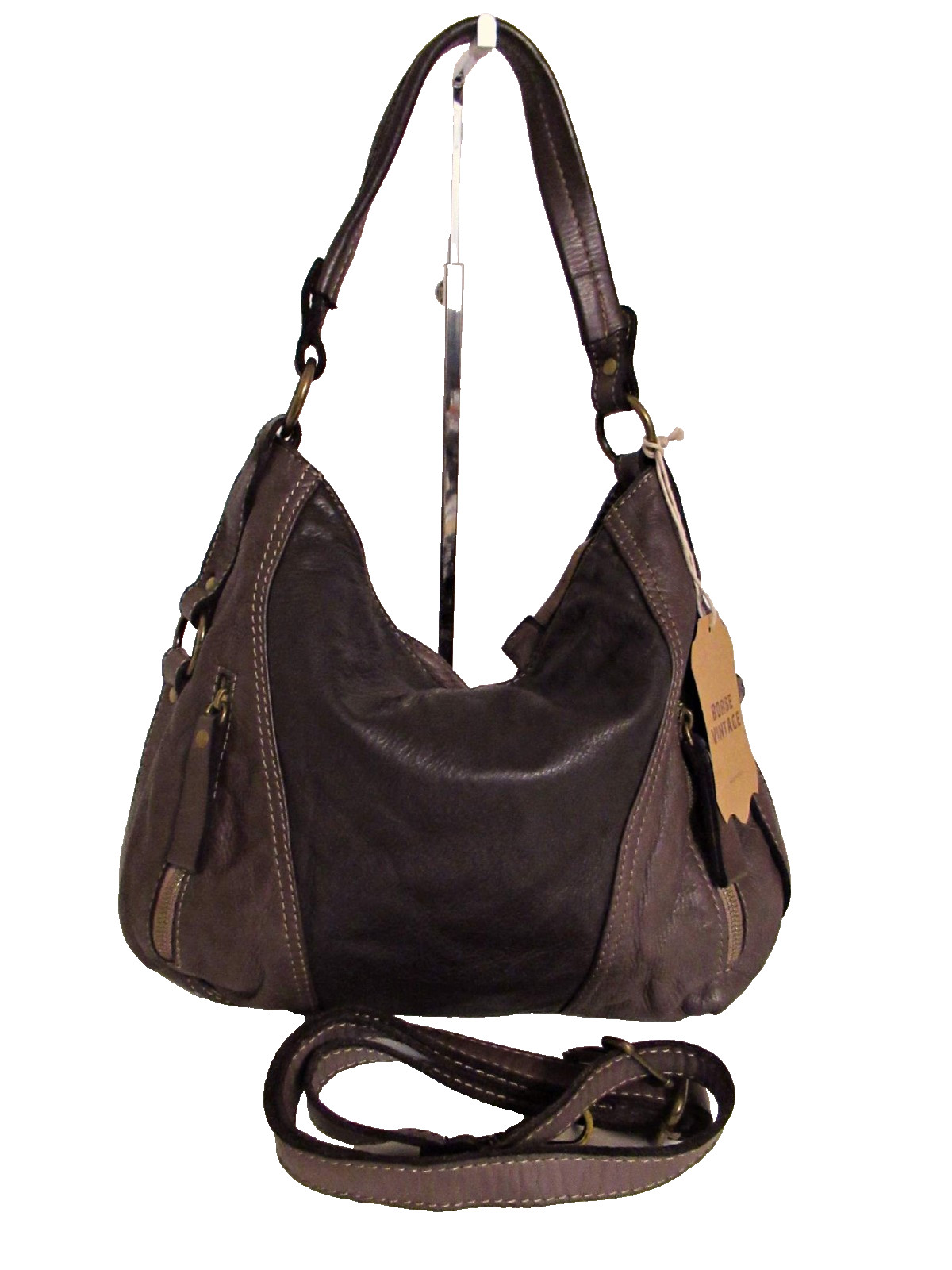 ITALIAN VINTAGE-WASHED CALF LEATHER SHOULDER HOBO BAG W/ZIPPERS - MADE IN ITALY