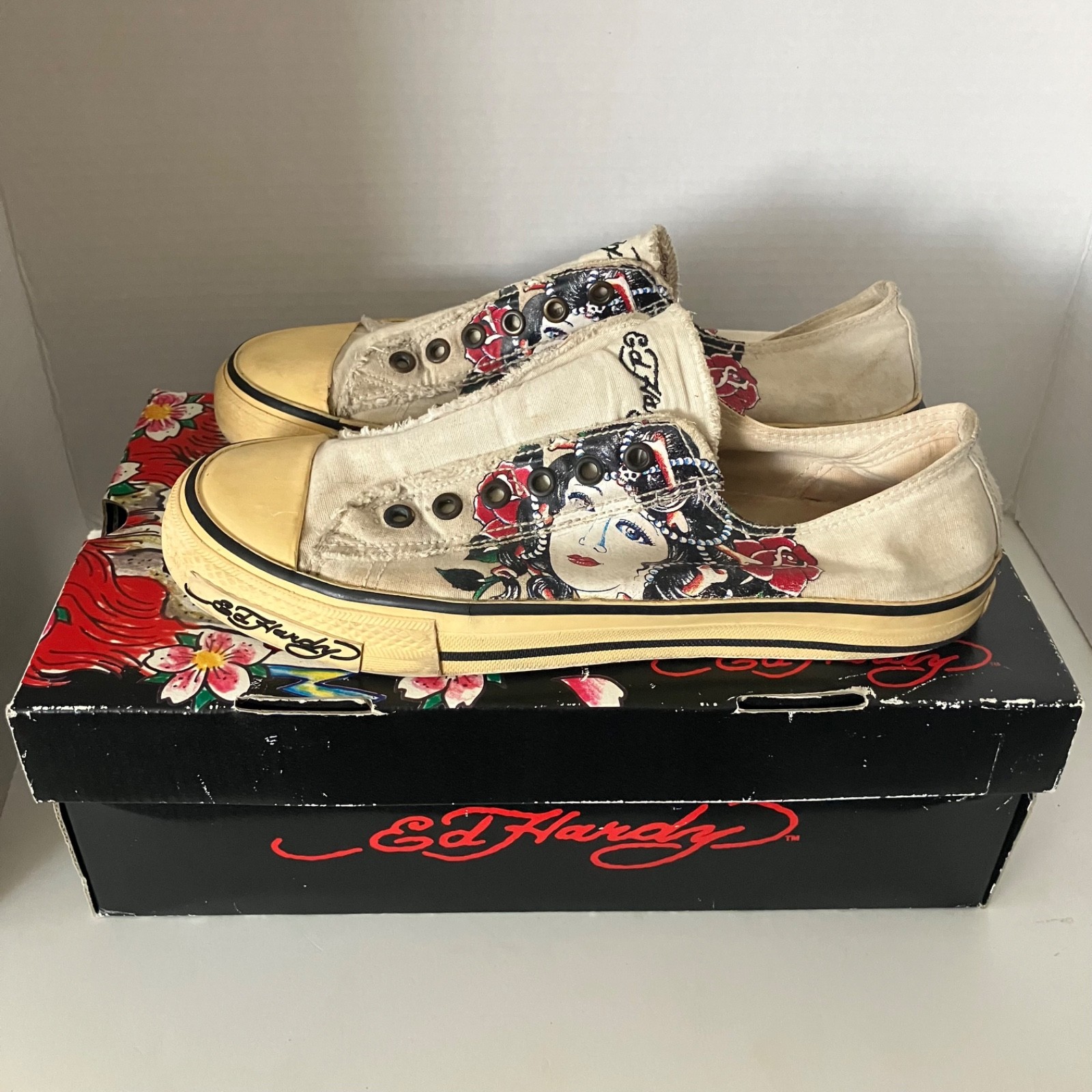 Y2K Vintage Ed Hardy Ghost Off White Laceless Canvas Slip on Shoes Low Top US 8