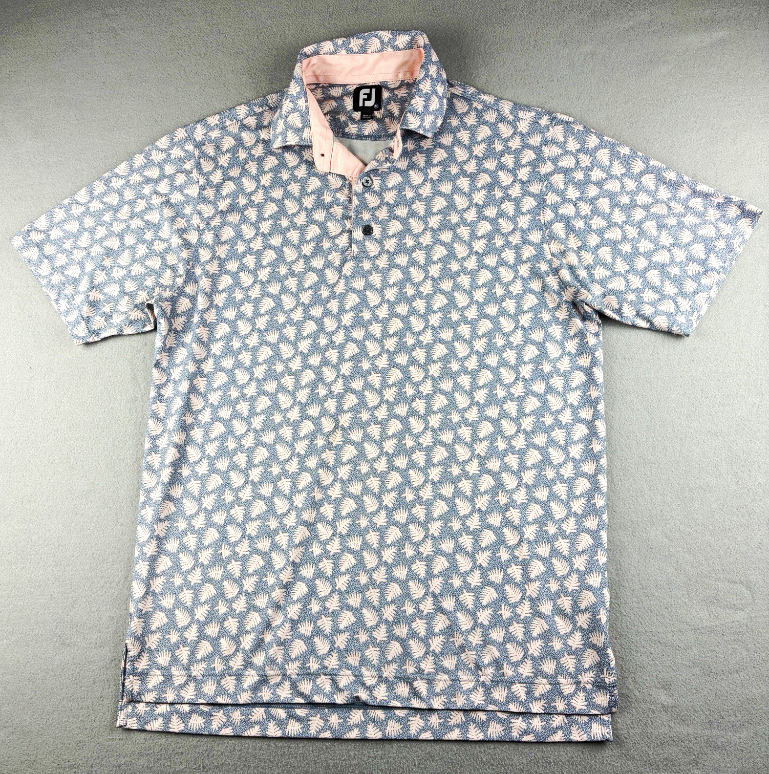 FootJoy FJ Golf Polo Men’s Medium Blue Pink Leaf Print Stretch Performance