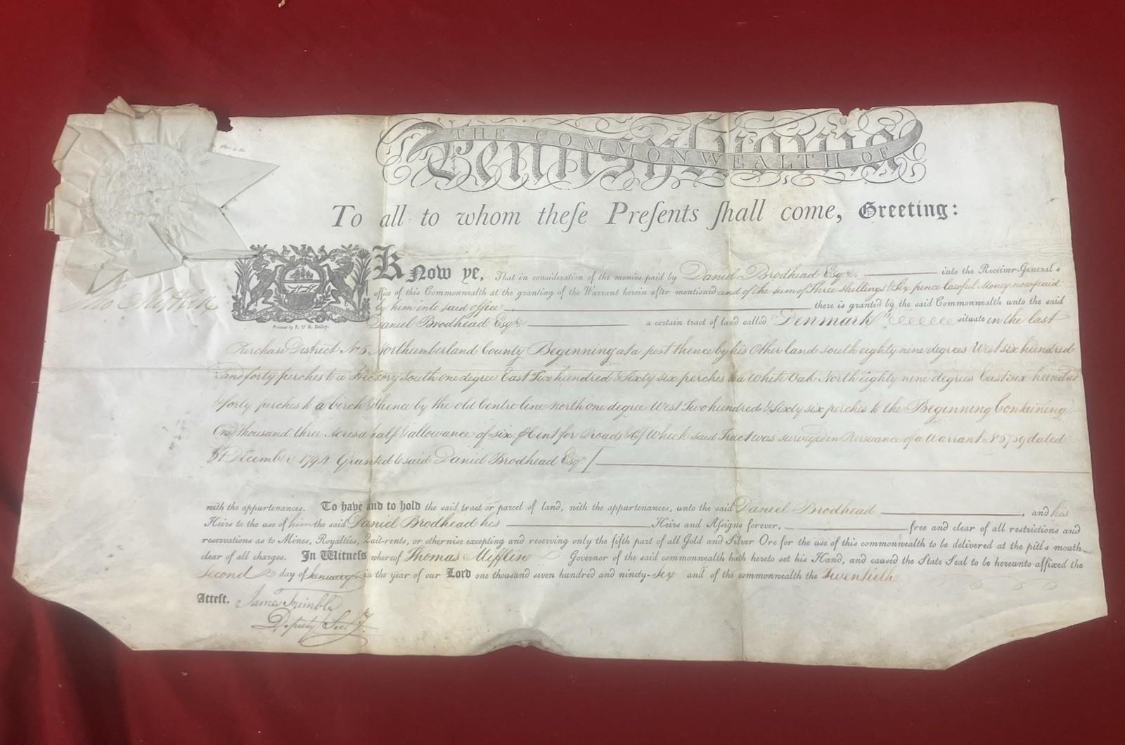 1796 US Constitution Signer Thomas Mifflin Revolutionary War General Document