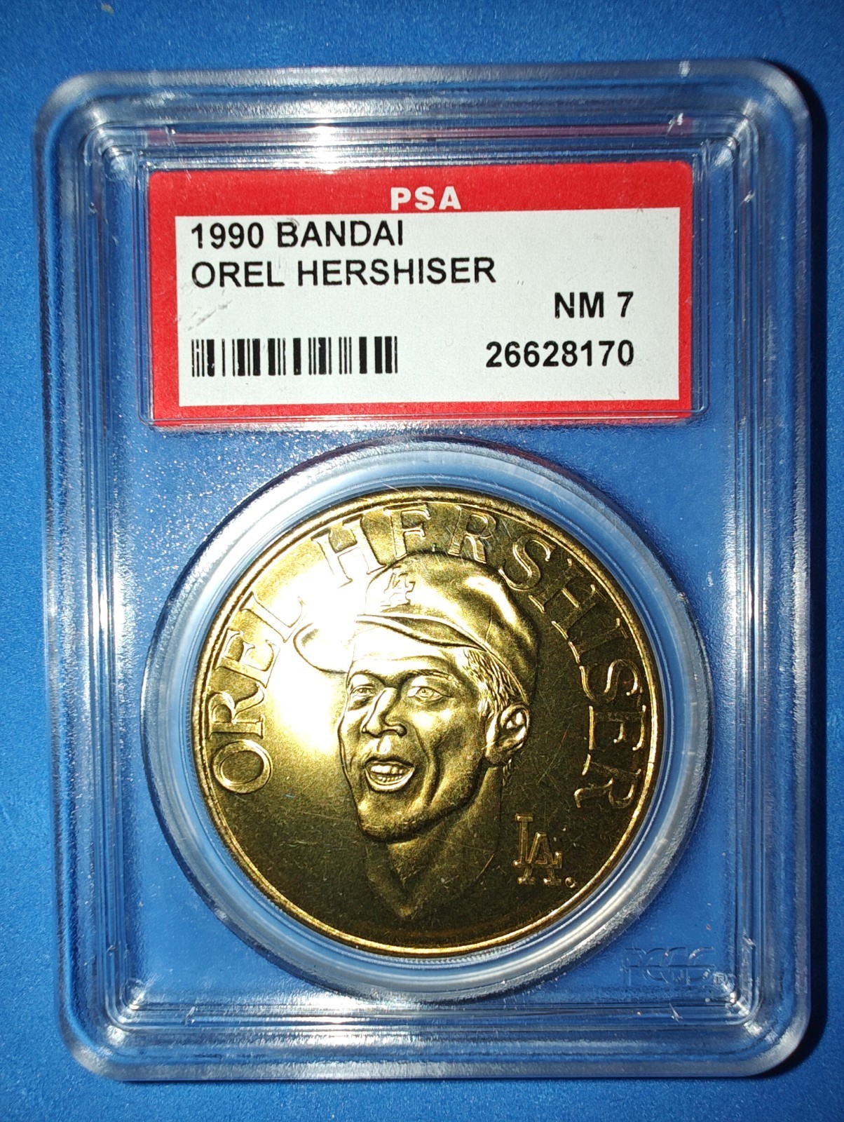1990 Bandai OREL HERSHISER Rare Graded Gold Coin PSA 7 Nice Slab Near Mint NM
