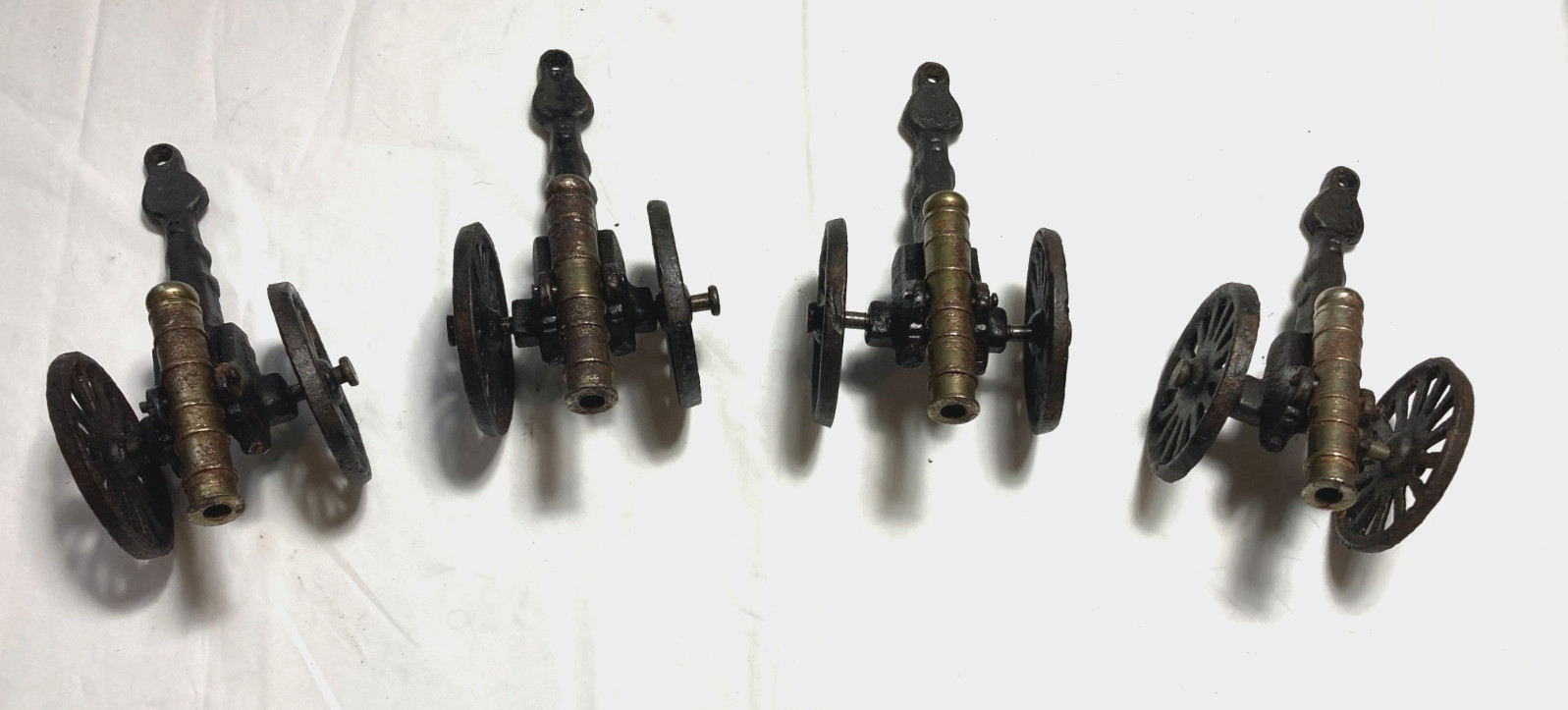 4 Vintage Miniature Brass Cannon on Cast Iron Carriage Wheels  Civil War Replica