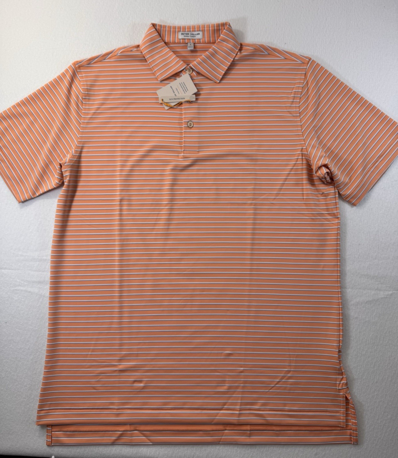 Peter Millar Summer Comfort Polo Mens Large Orange Striped UPF Golf Outdoor NWT Peter Millar Summer Comfort Polo Mens Large Orange Striped UPF Golf Outdoor NWT
