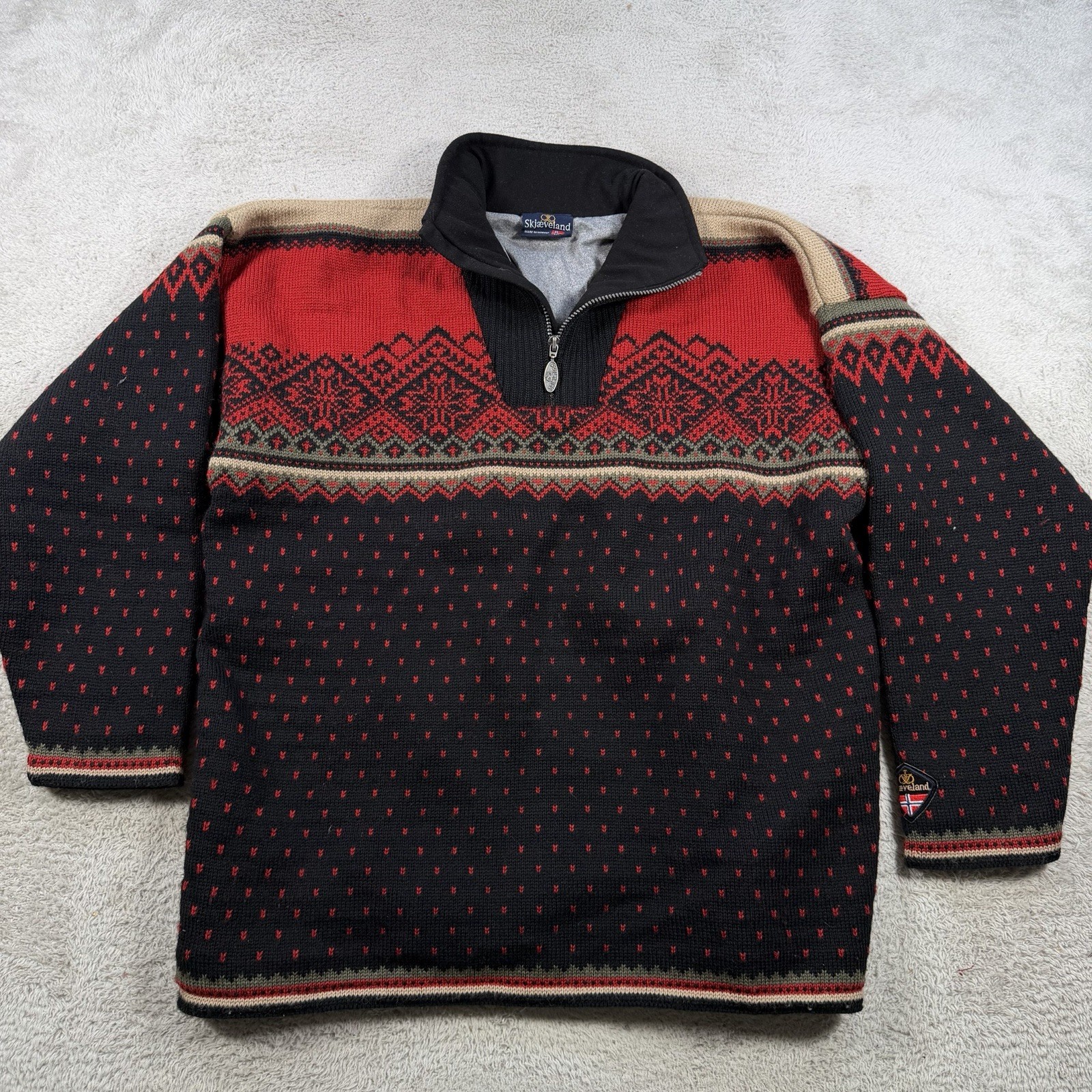 Vintage Skjaeveland Sweater Men Large Red Wool Fair Isle Nordic 1/4 Zip Birdseye