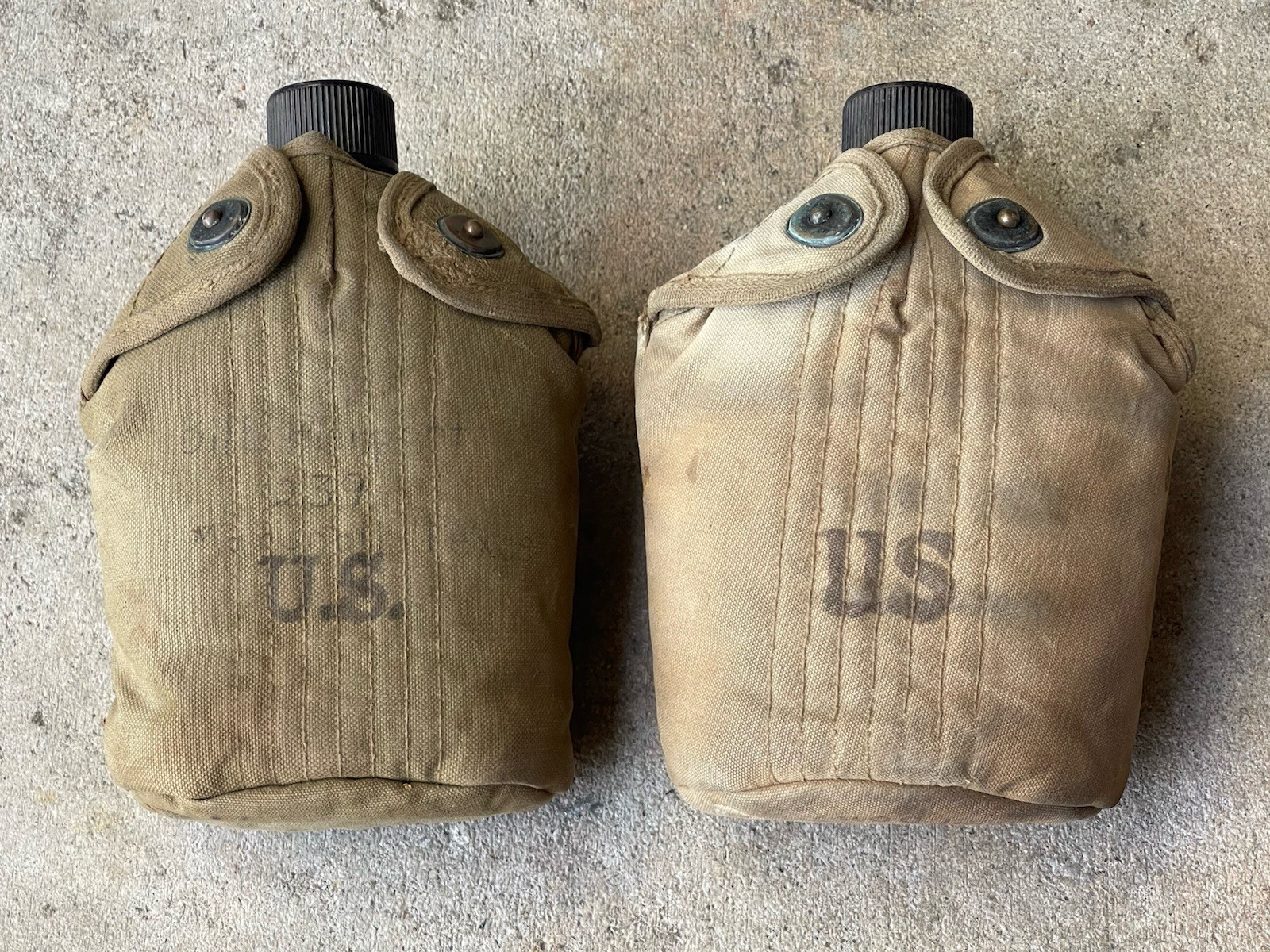 PAIR WW2 US Army M1910 Canteen 1944 W/covers NAMED isued nice aluminum NO cups PAIR WW2 US Army M1910 Canteen 1944 W/covers NAMED isued nice aluminum NO cups