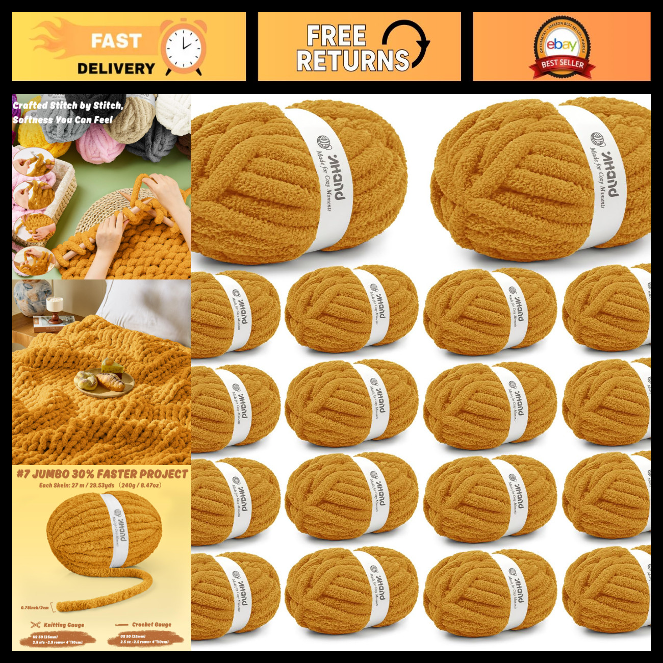 Chunky Mustard Yellow Chenille Yarn - Thick Bulky Knitting & Crocheting 18 Pack