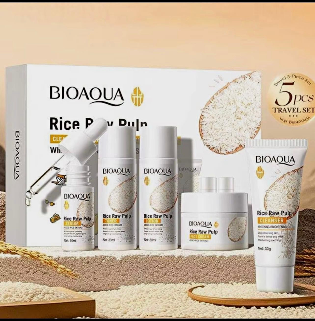 BIOAQUA Rice Raw Pulp 5-Piece Travel Set Cleanser Toner Serum Lotion Cream