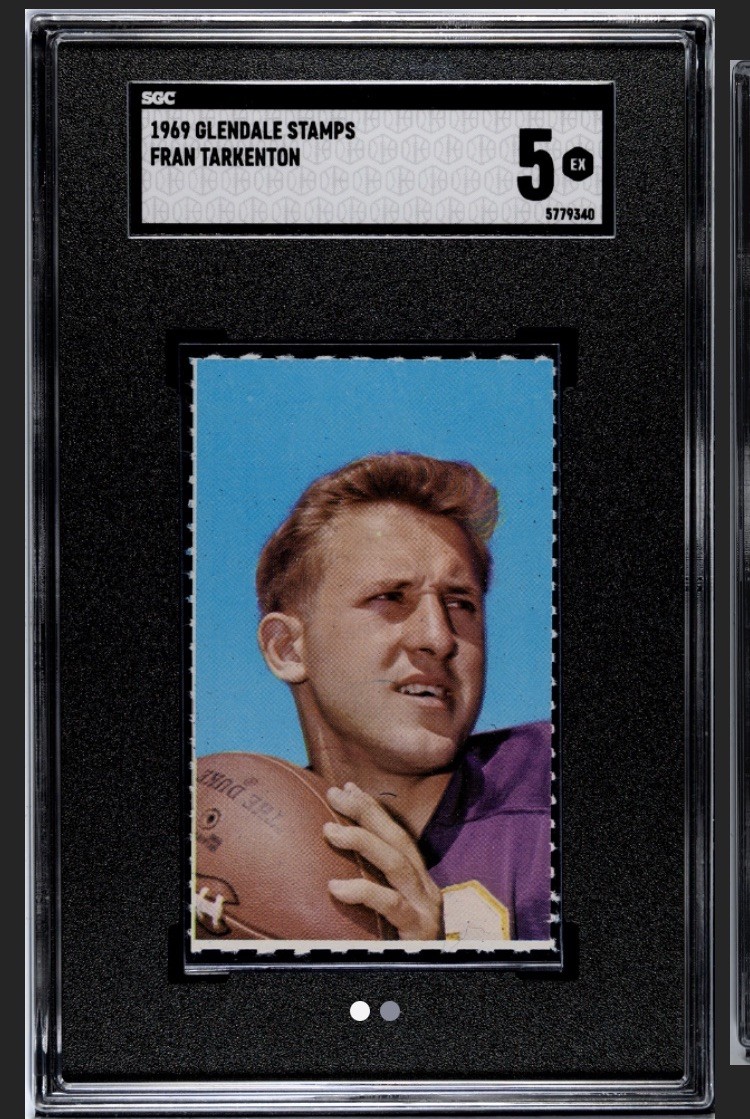 1969 Fran Tarkenton POP 1 Rare v 1962 Topps RC NFL HOF Glendale Stamp Card SGC 5