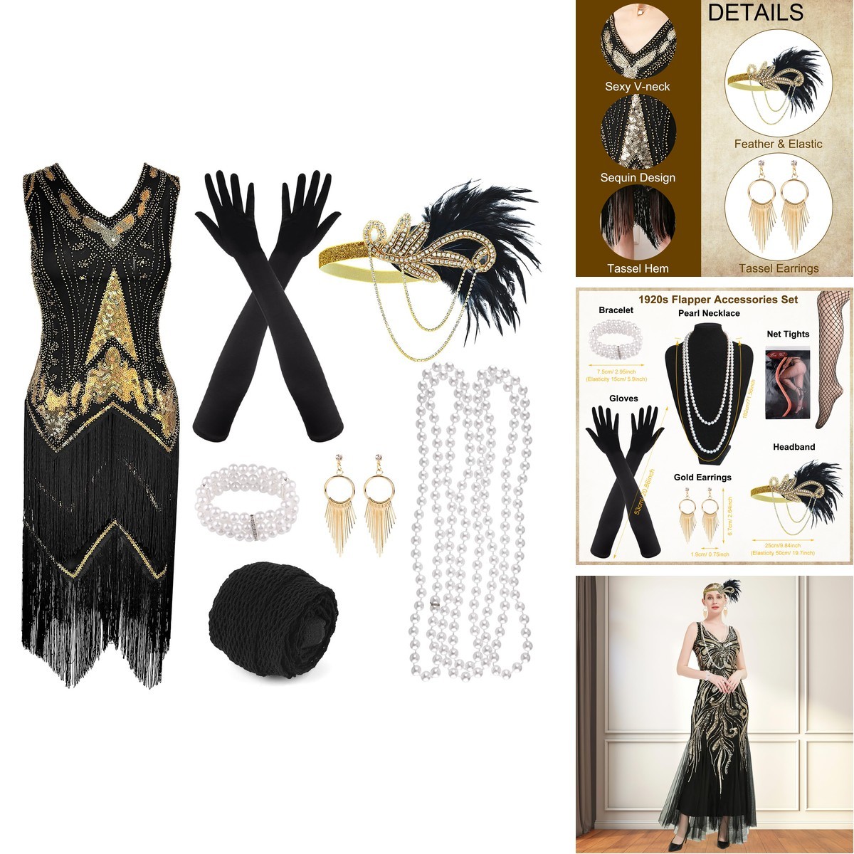 PLULON 1920s Flapper Fringed Sequin Dress 20s Accessories Set V Neck Gatsby