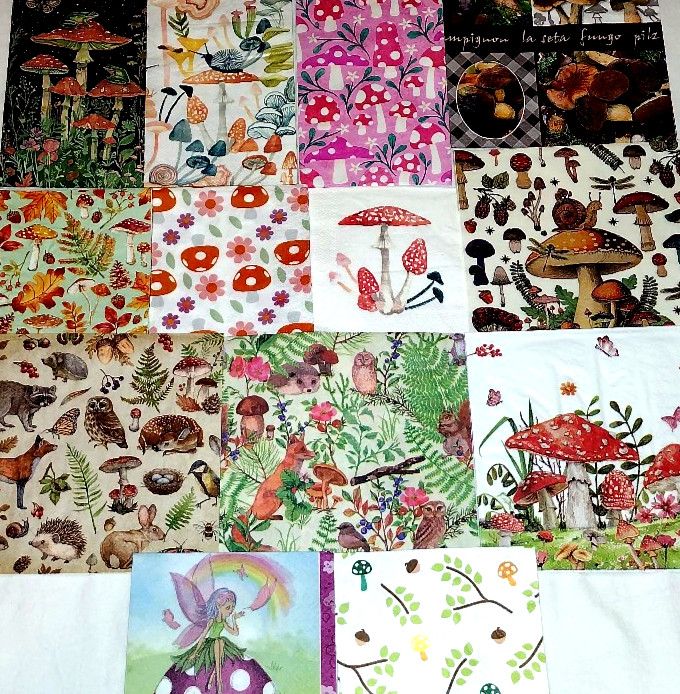 13 FANTASY WOODLAND ANIMAL MUSHROOM Paper Napkins Artist Craft Decoupage Bundle