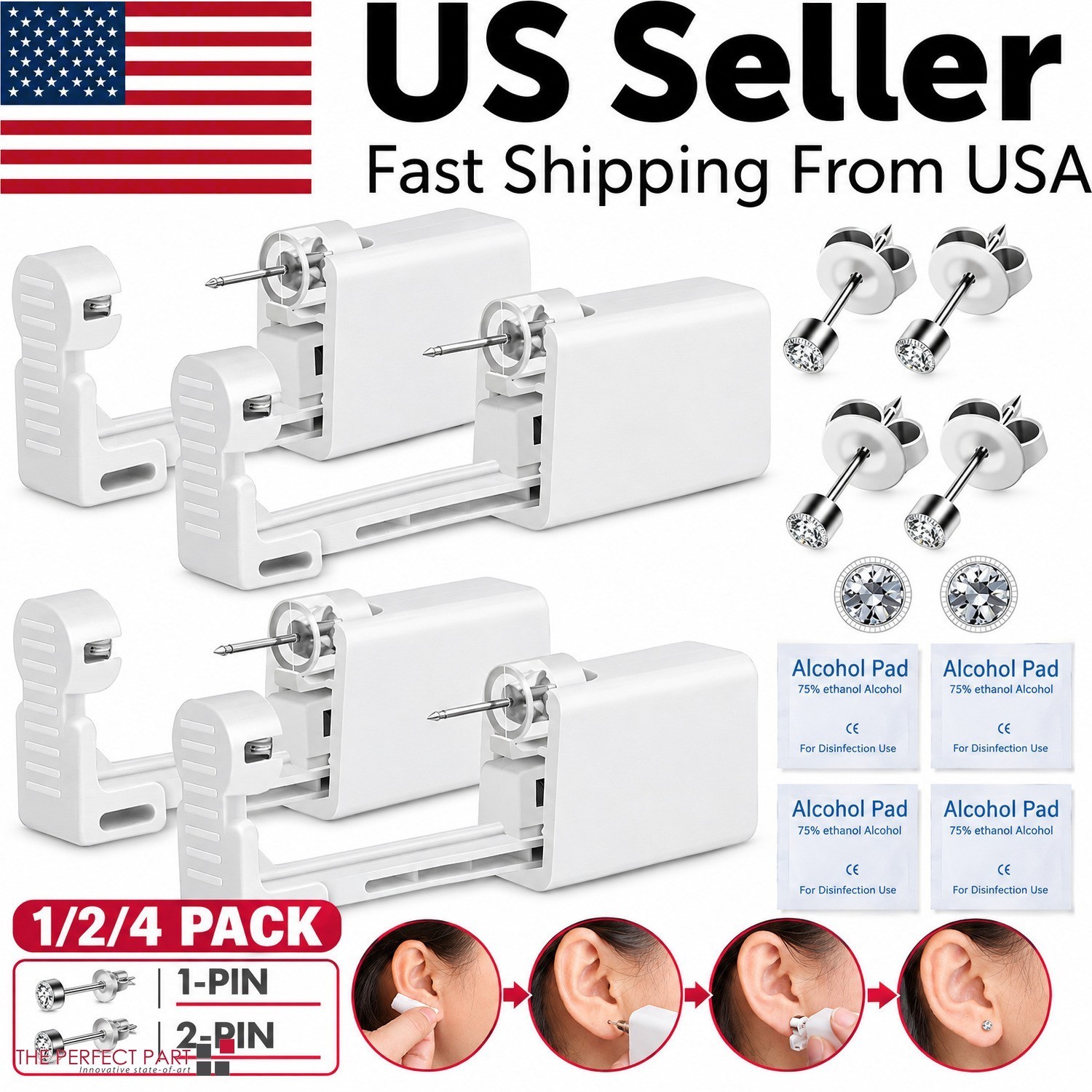 4X Ear Piercing Disposable Kit Silver Stud Earring Gun DIY Home Self Ear Sets US
