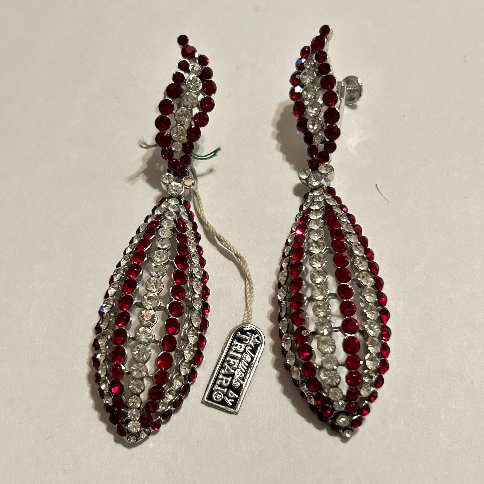Vtg 60s Crown Trifari Red Rhinestone Drop Screwback Earrings Alfred Philippe Tag