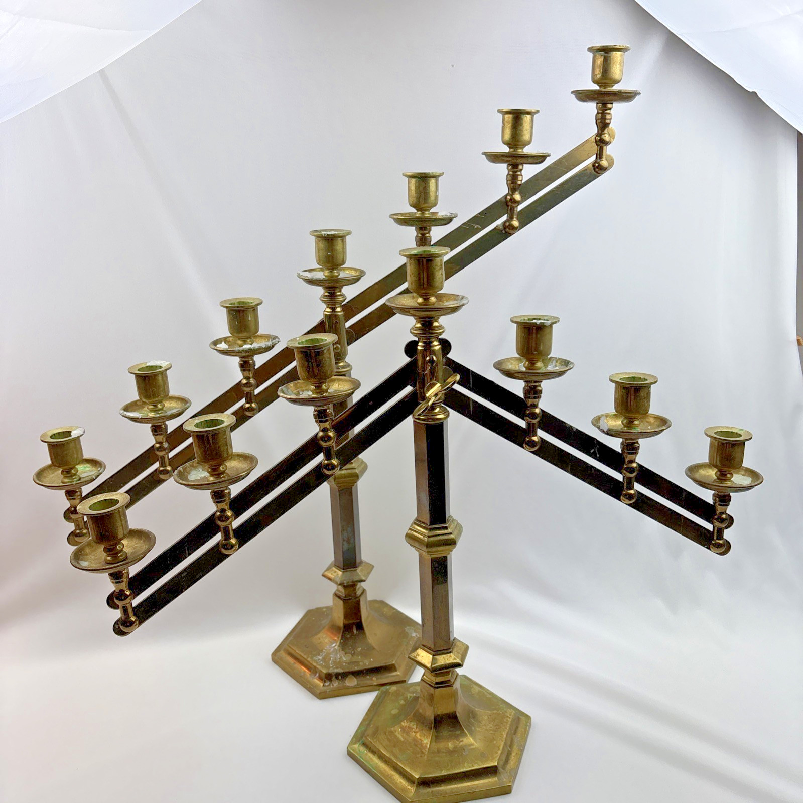 Vintage Pair of Adjustable Brass 7 Candle Candelabras 26