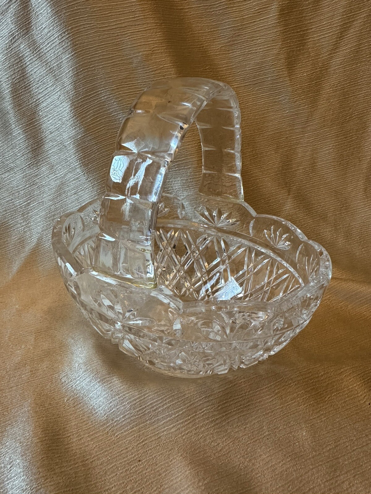 Vintage Bohemia 24% Lead Crystal Etched Candy Dish Basket Handle Vintage Bohemia 24% Lead Crystal Etched Candy Dish Basket Handle