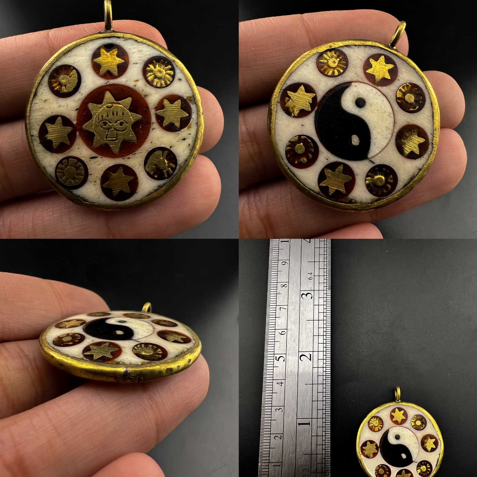 Vintage Celestial Yin Yang Sun Star Amulet Pendant Brass Bone Inlay Talisman Vintage Celestial Yin Yang Sun Star Amulet Pendant Brass Bone Inlay Talisman